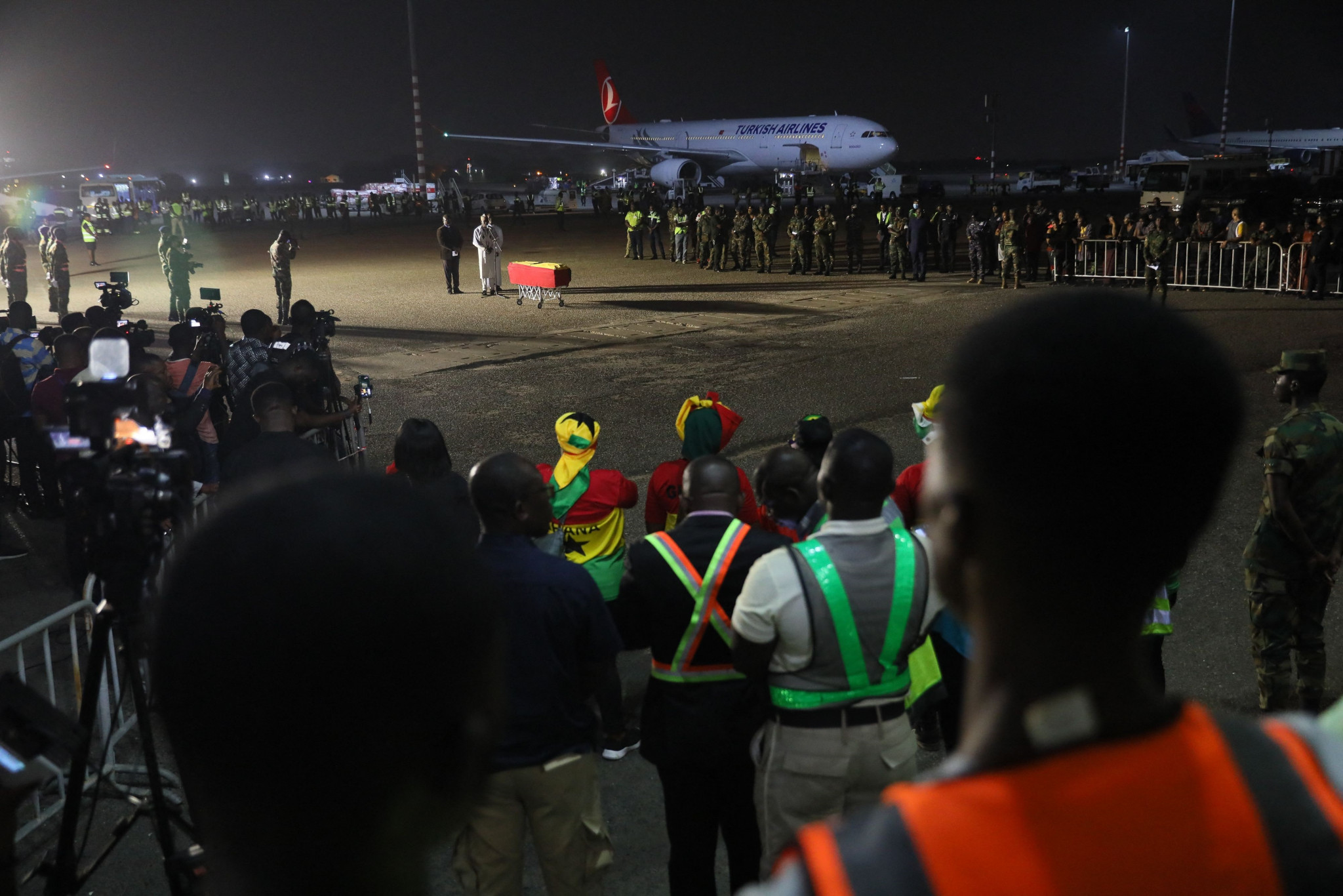 Ghanaian citizens gathered at Kotoka International Airport to see the arrival of Christian Atsu's body ©Getty Images