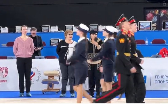 Footage has emerged of Russian Rhythmic Gymnastics Federation President Irina Viner, centre, directing a military parade ©Instagram