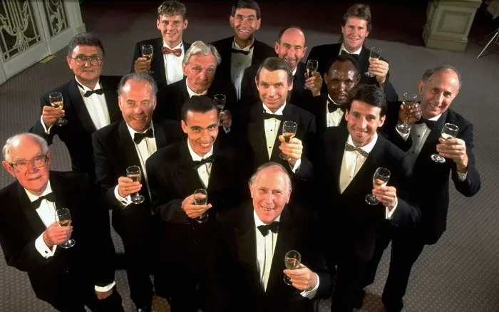 The achievement of Sir Roger Bannister, at front, becoming the first runner to break four-minutes for the mile was celebrated at a special event in London in 1994 alongside those who had succeeded him as world record holders ©Getty Images