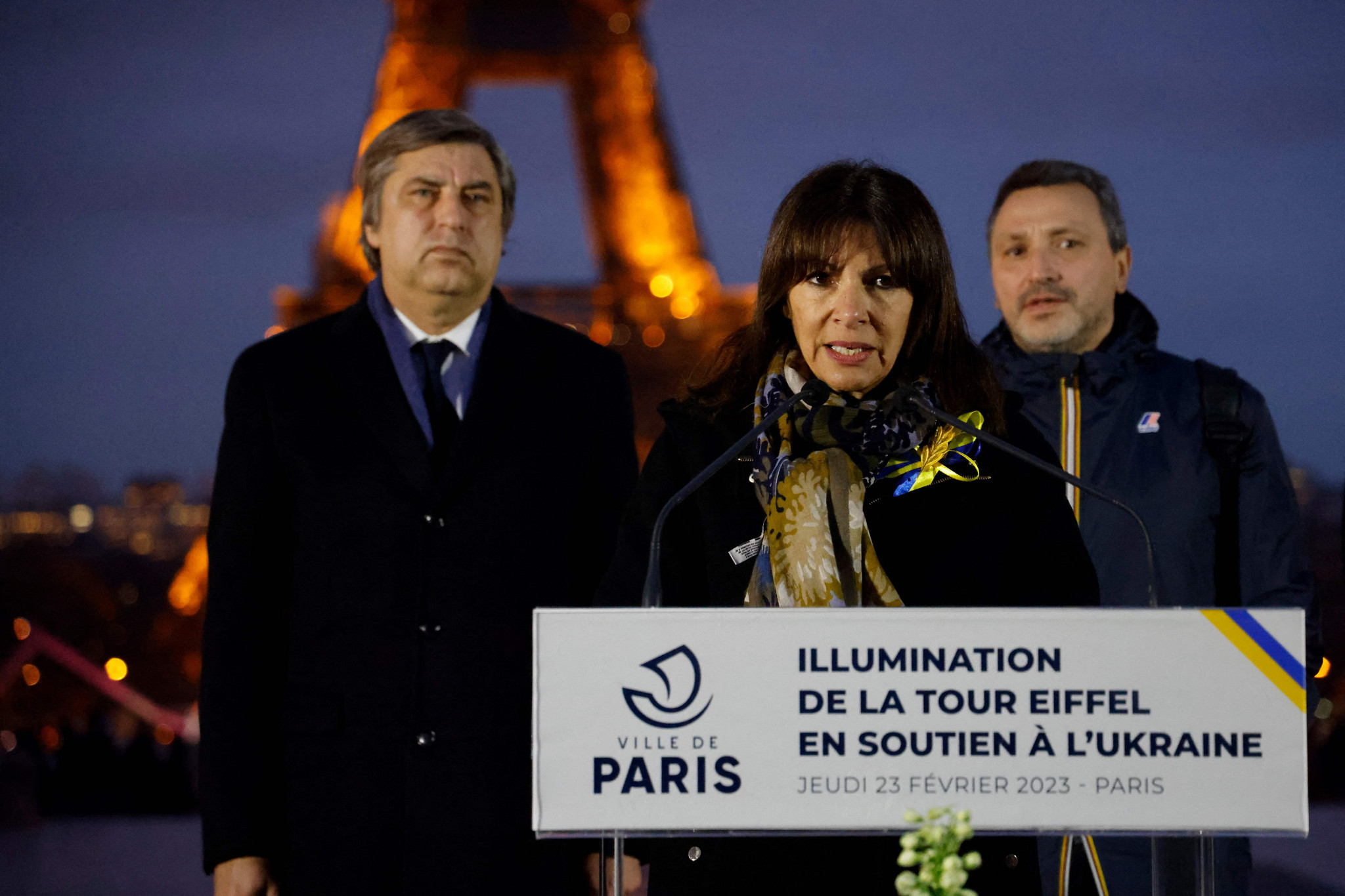 Paris Mayor Anne Hidalgo, centre, was joined by Ukraine's Ambassador in France Vadym Omelchenko, left, and expressed her continued support for the Ukrainian people ©Getty Images