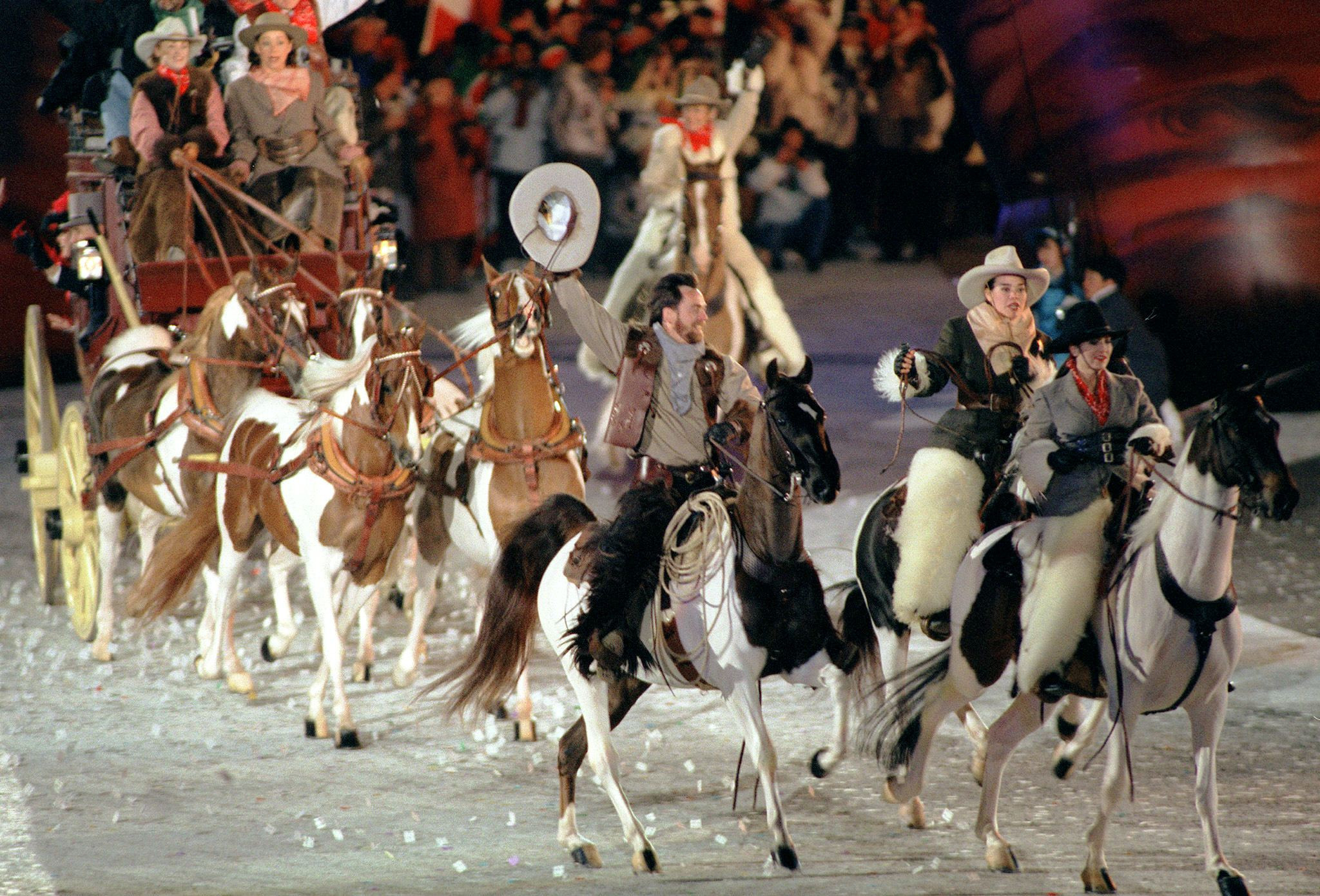 
A stage coach from Salt Lake City took part in the handover ceremony at the end of the Nagano 1998 Winter Olympics ©Getty Images