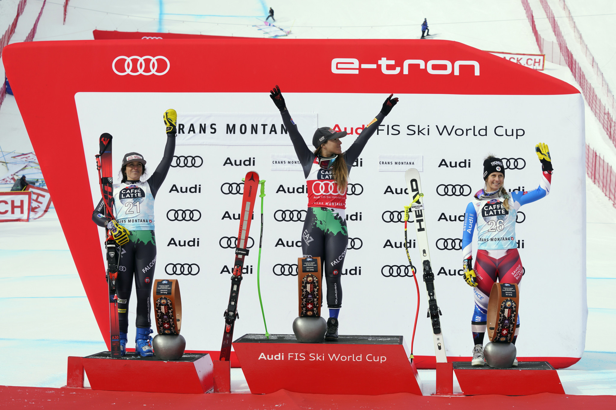 Sofia Goggia, centre, became the first Italian woman to 22 Alpine Skiing World Cup race wins ©Getty Images