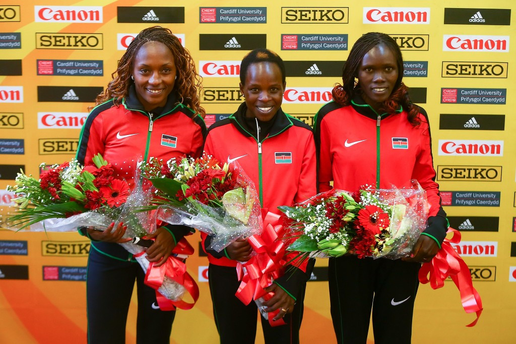 Peres Jepchirchir, centre, led home a Kenyan clean sweep in the women’s race ©Getty Images