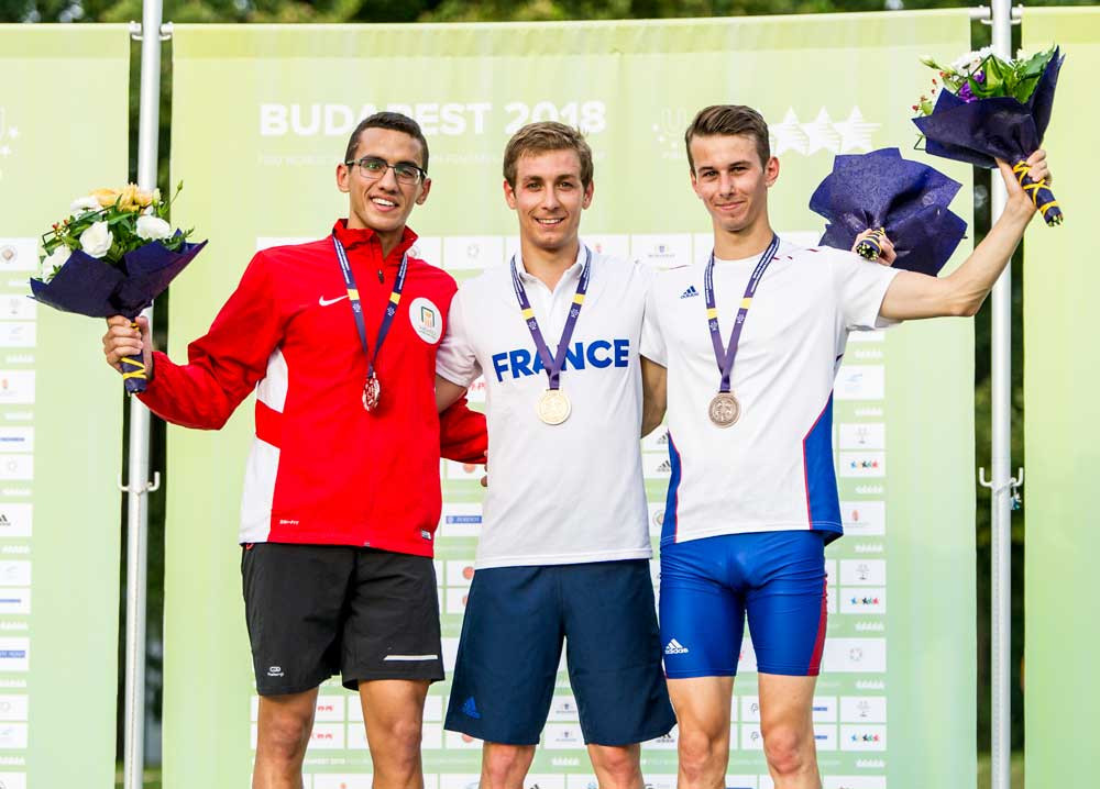 France's Brice Loubet, centre, won the men's race at when the FISU World University Pentathlon Championships made its debut in Budapest in 2018 ©FISU
