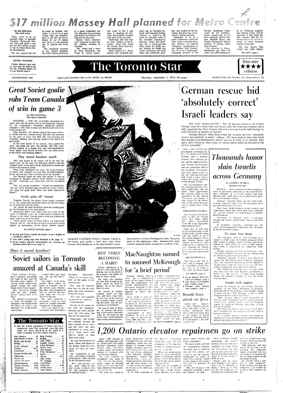 Game after game in the Summit Series, Vladislav Tretiak defied Canada with performances that were front page news ©Toronto Star