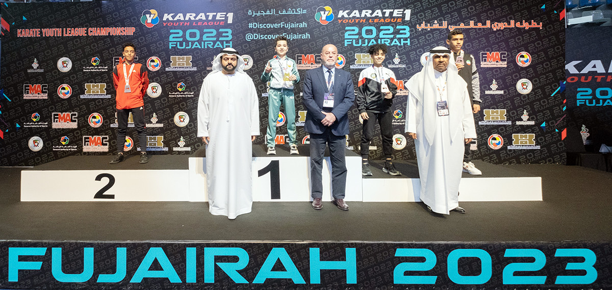 The Crown Prince of Fujairah, left, appeared at a WKF Karate-1 Youth League event in Fujairah ©WKF