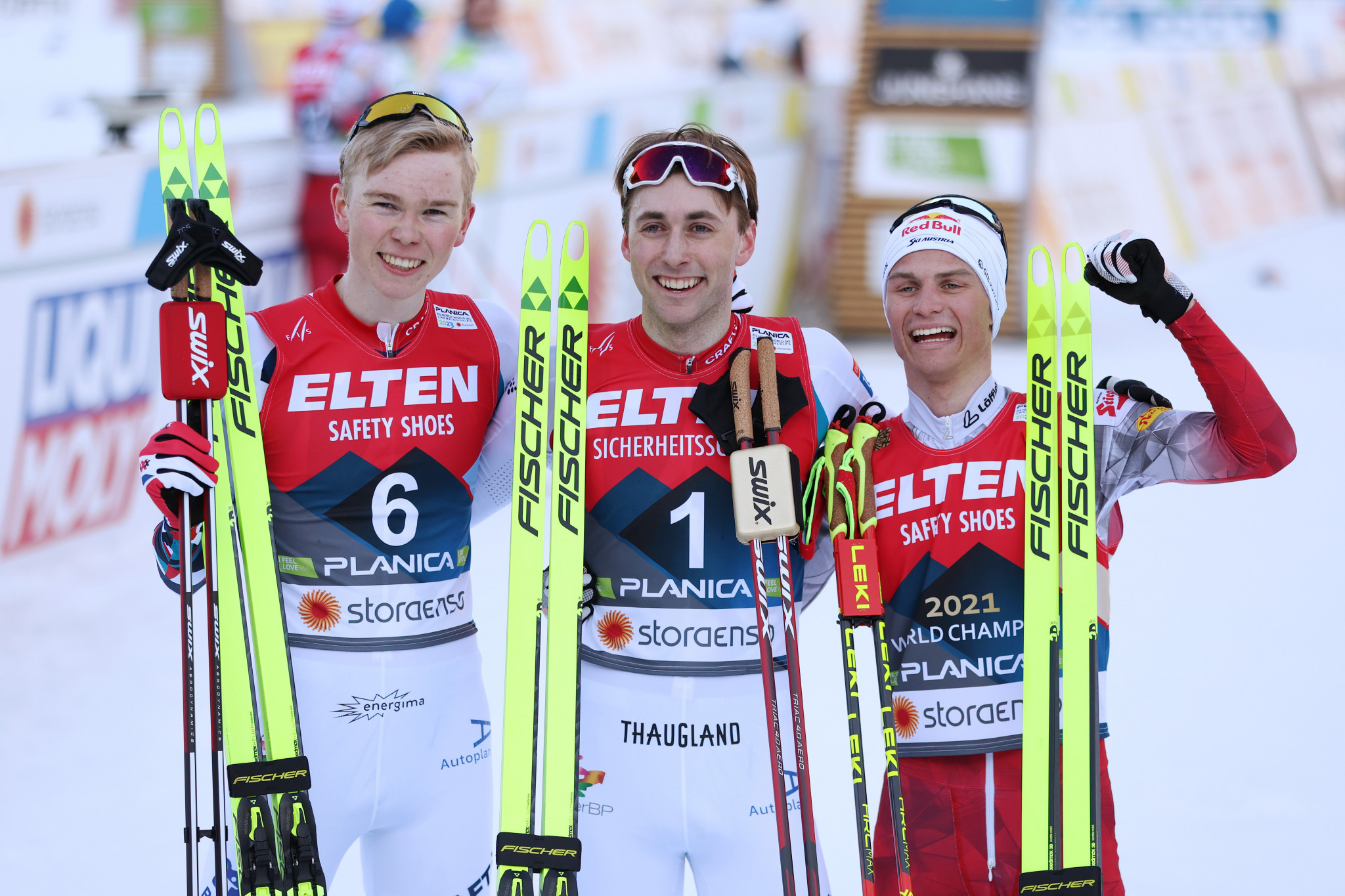 Jarl Magnus Riiber, centre, won a fourth gold medal of the Nordic Skiing World Championships as he claimed the men's individual large hill crown ©Getty Images