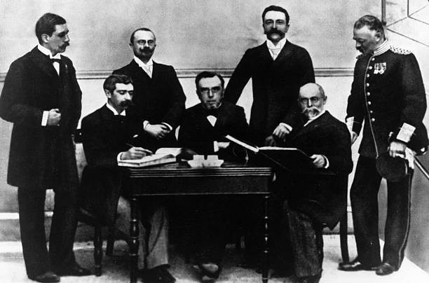 The International Olympic Committee in the time of Pierre de Coubertin, seated left, was exclusively comprised of men and did not admit its first woman as a member until 1981 ©Getty Images