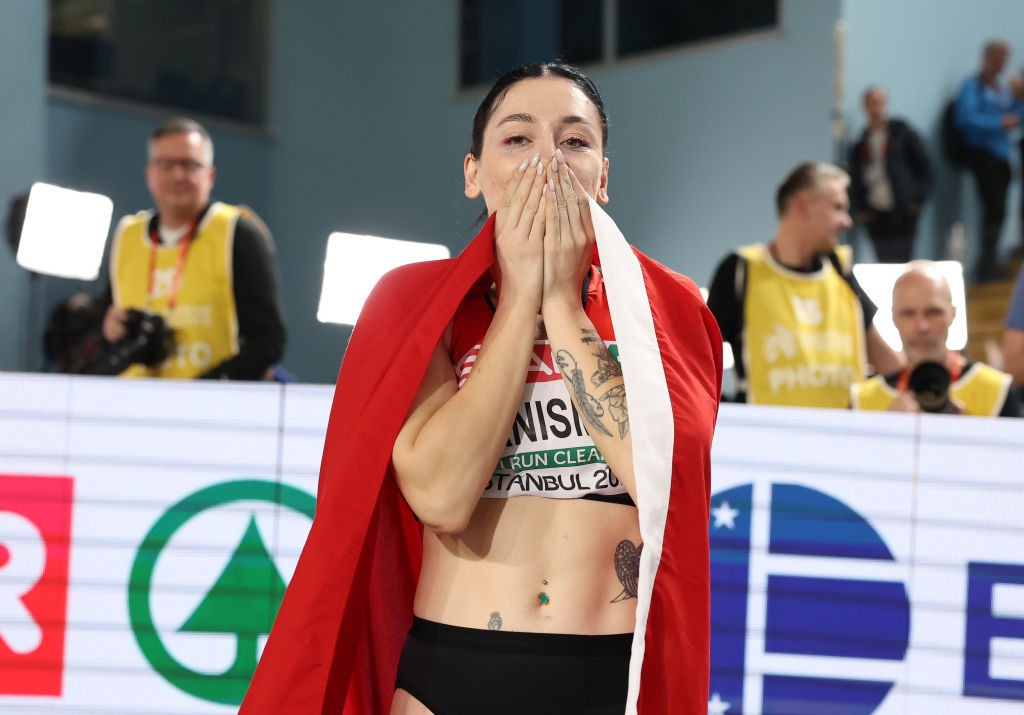 Turkish women's triple jumper Tuğba Danışmaz produced a landmark performance at the European Athletics Indoor Championships as a national record of 14.31 metres brought a surprise gold for the beleaguered host nation ©Getty Images