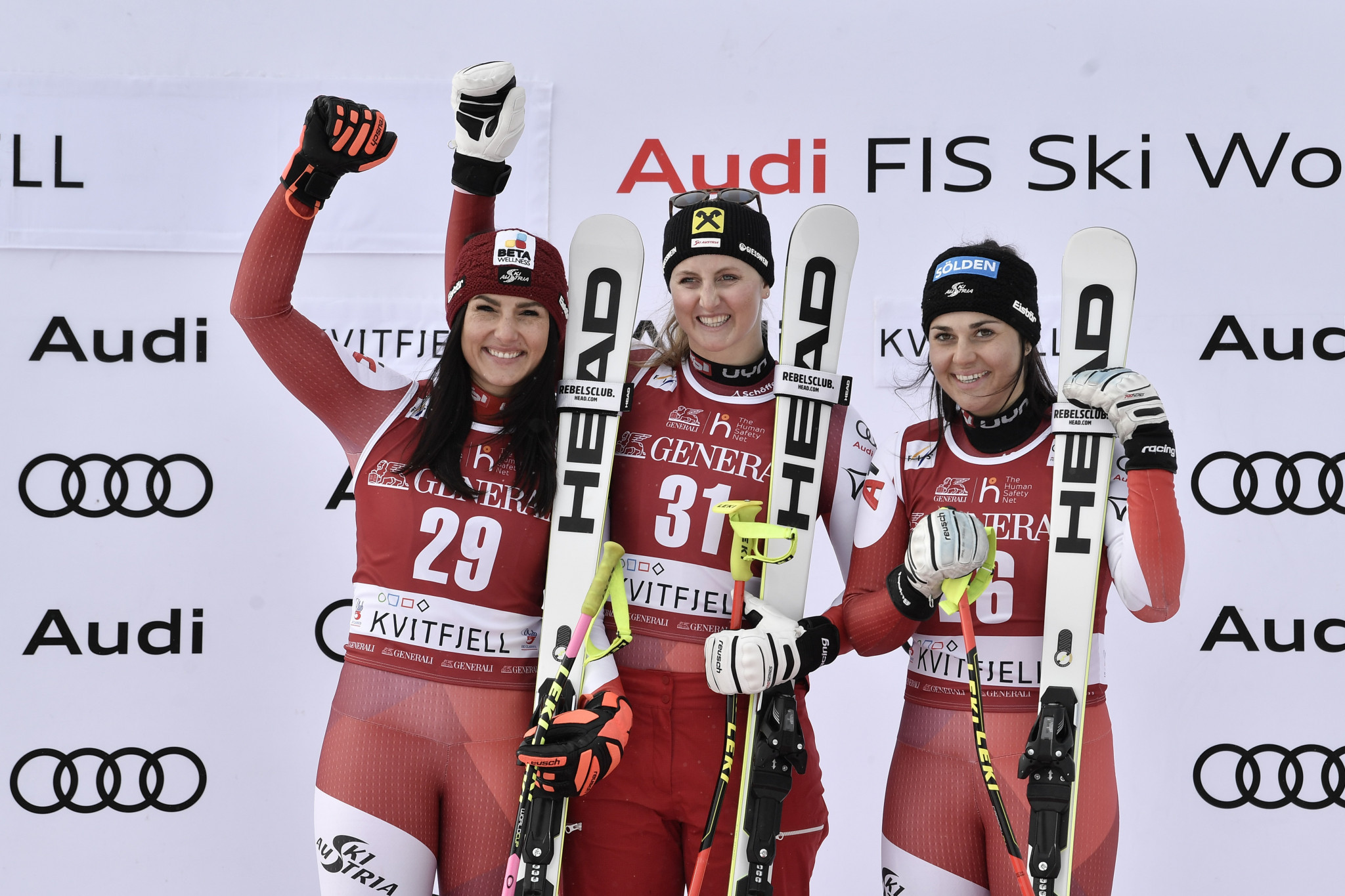 Nina Ortlieb, centre, led an Austrian podium sweep in the super-G at the Alpine Ski World Cup in Kvitfjell ©Getty Images
