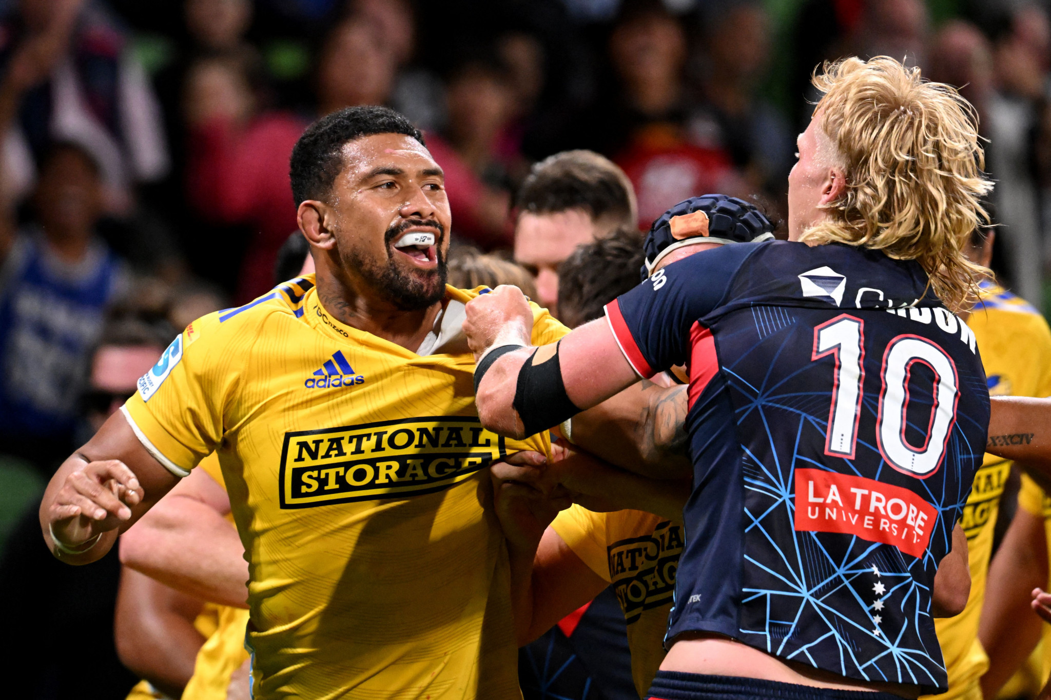 Wellington Hurricanes' captain Ardie Savea, left, was sin binned for his part in a melee towards the end of the first half in their match against Melbourne Rebels ©Getty Images