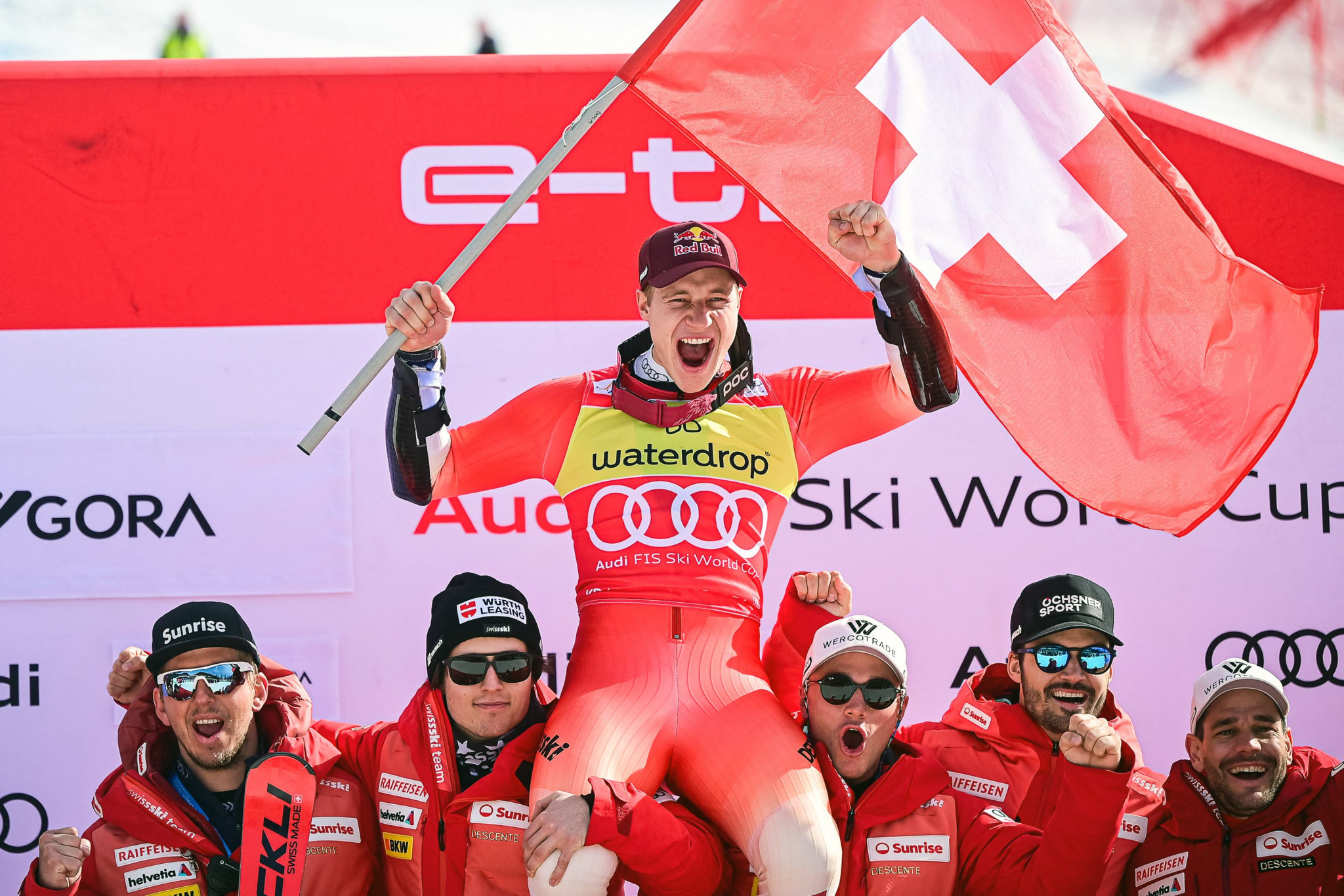 Marco Odermatt of Switzerland, third left, continued his stellar season by sealing the giant slalom and overall Crystal Globes in Kranjska Gora ©Getty Images