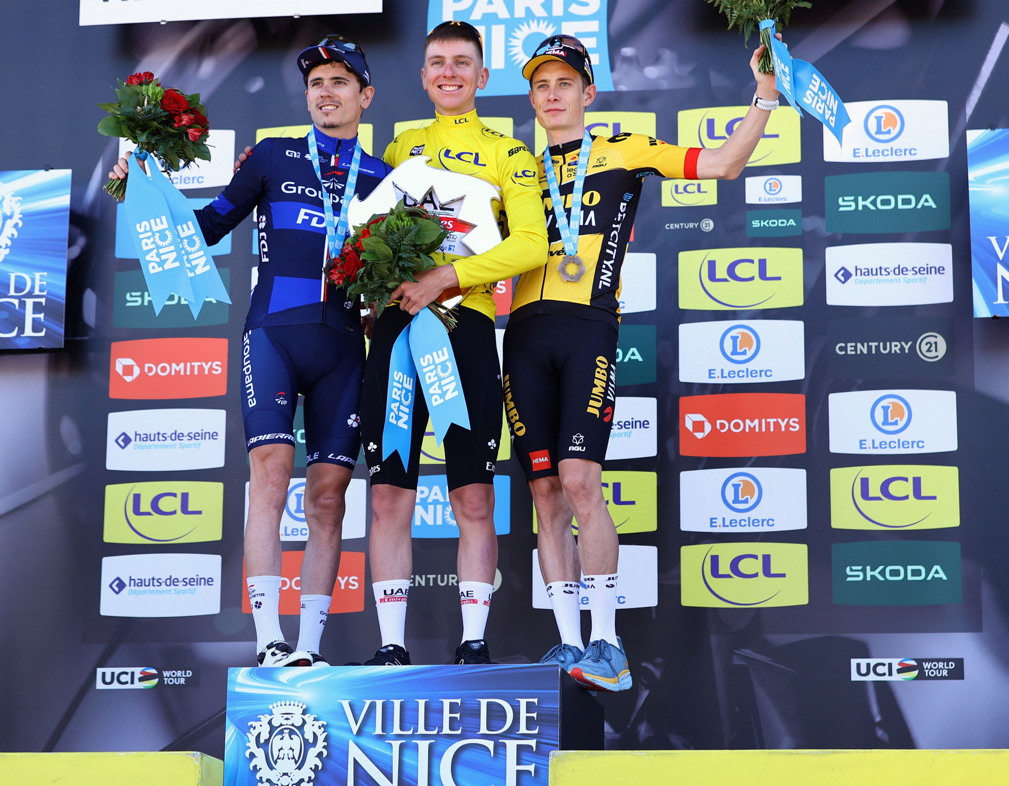 Slovenia's Tadej Pogačar, centre, beat France's David Gaudu, left, and Denmark's reigning Tour de France winner Jonas Vingegaard, right, to triumph at the Paris-Nice ©Getty Images