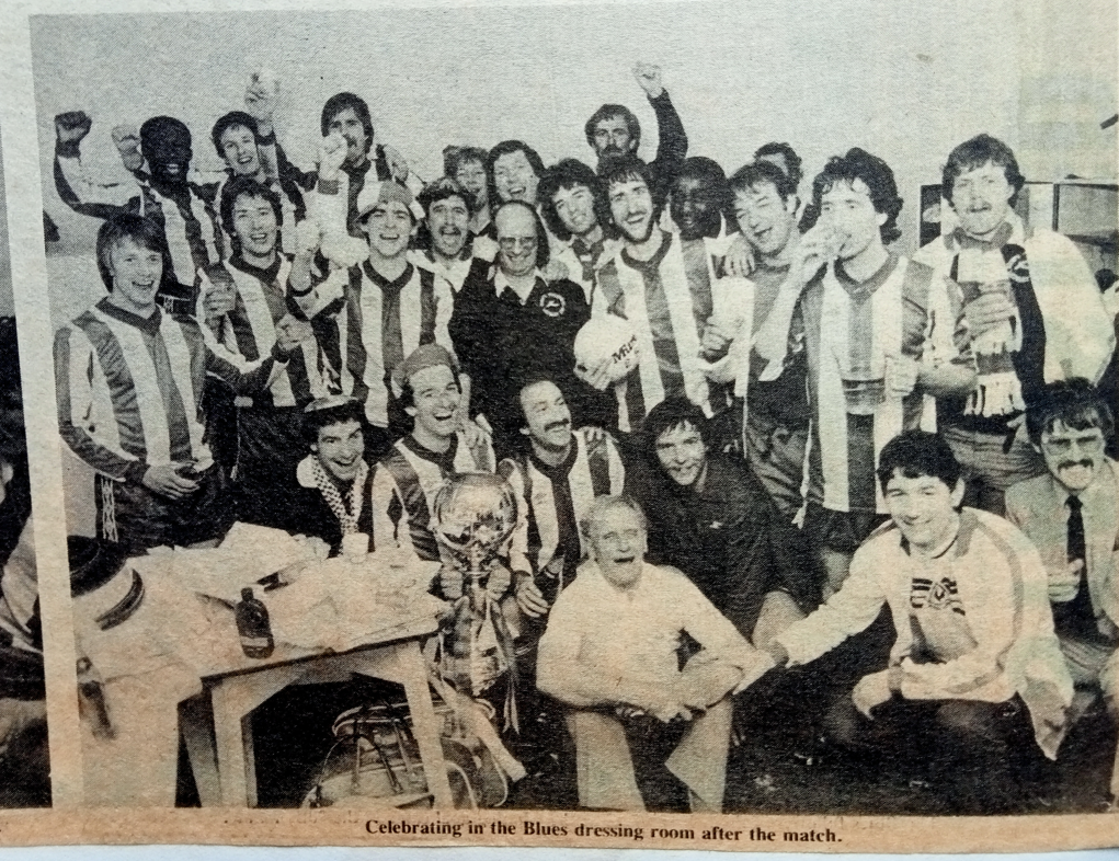 Richie Bradford, pictured second row, second from left, celebrates with his Bishop's Stortford FC team-mates in the north dressing room at Wembley after winning the 1981 FA Trophy ©Herts and Essex Observer
