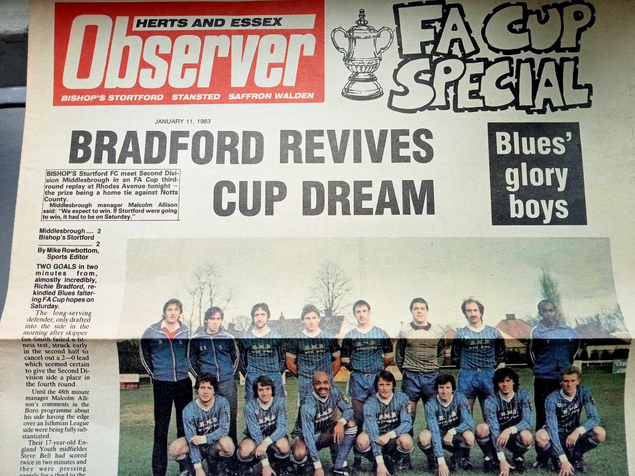 Richie Bradford - not in the team on Saturday morning, headline news after late inclusion and not one but two goals against Second Division Middlesbrough ©Herts and Essex Observer