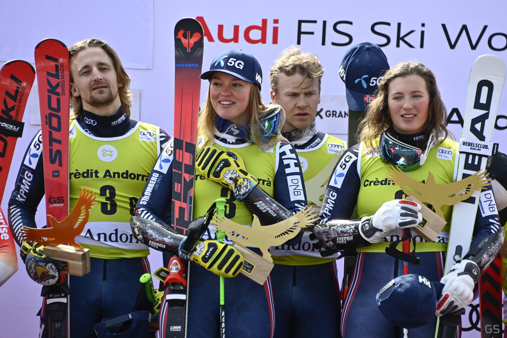 Norway's team on the podium after winning the parallel slalom title in Soldeu ©Getty Images