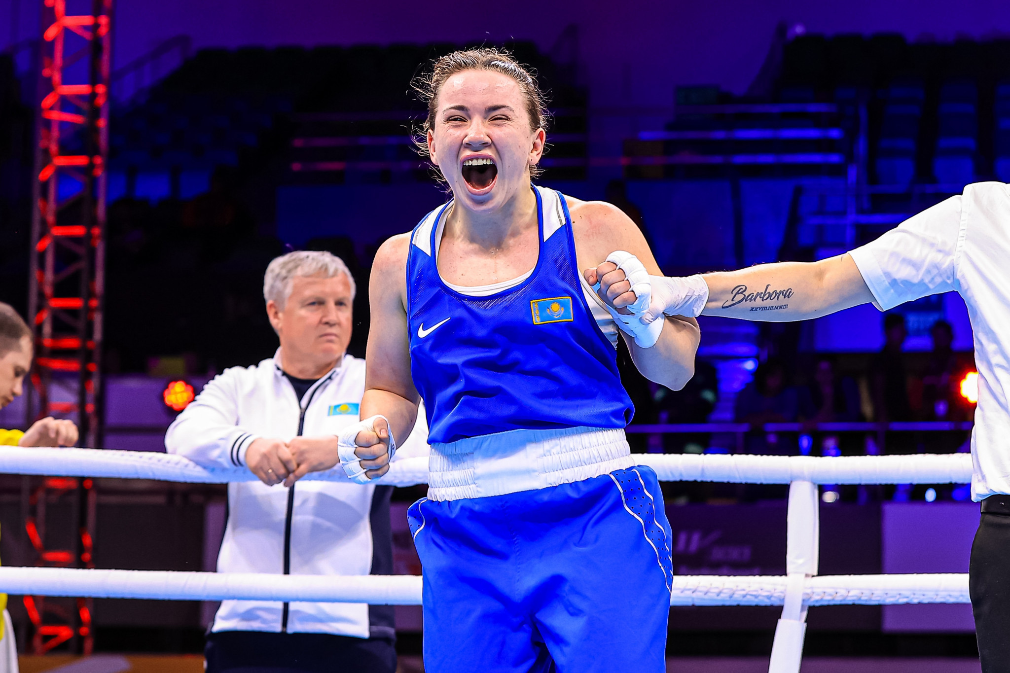 Nadezhda Ryabets of Kazakhstan celebrates after finally being announced as the winner after a long wait for the bout review result ©IBA