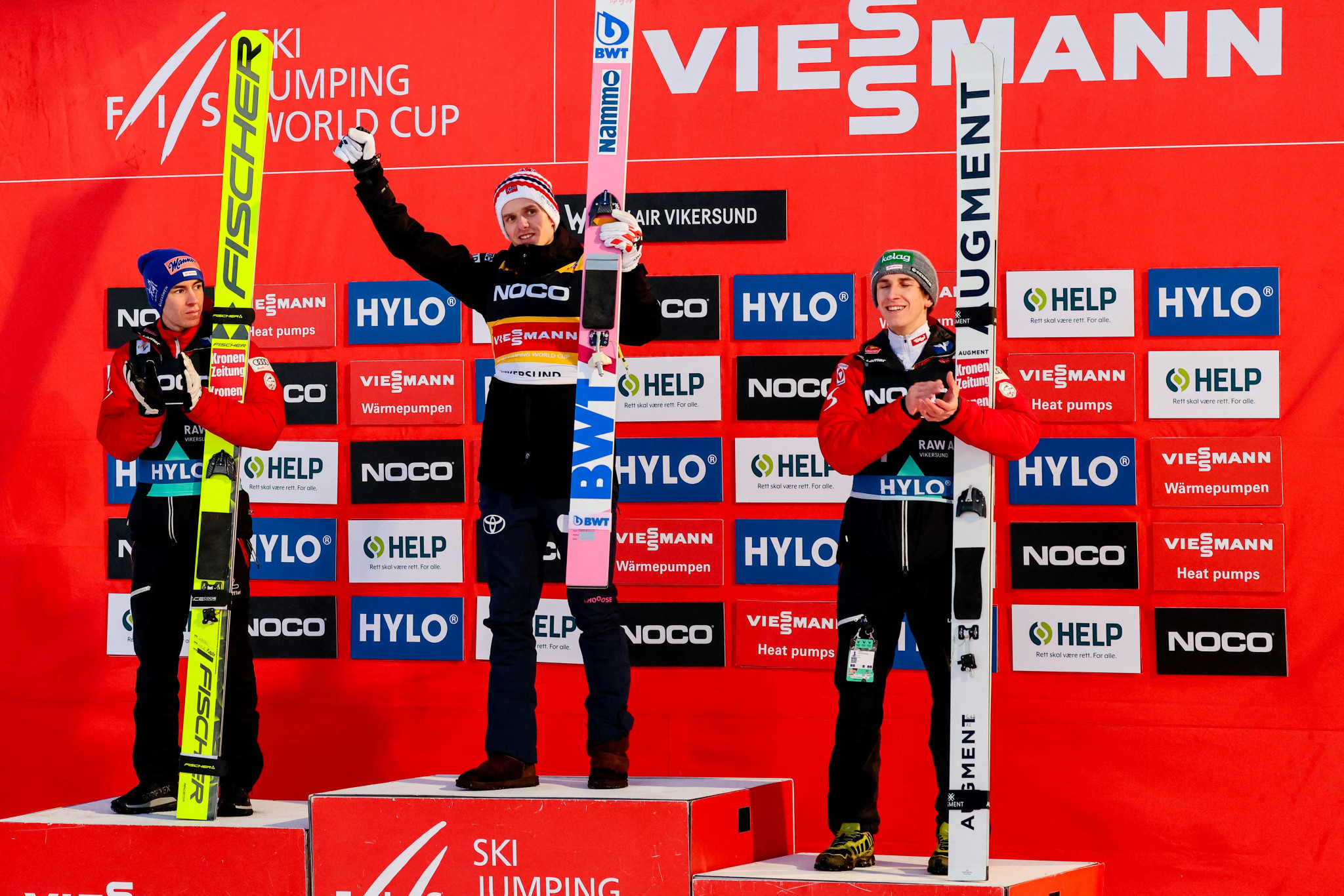 The men's HS240 podium in Vikersund, with home ski jumper Halvor Egner Granerud, centre, winning a third ski flying competition of the season ©Getty Images