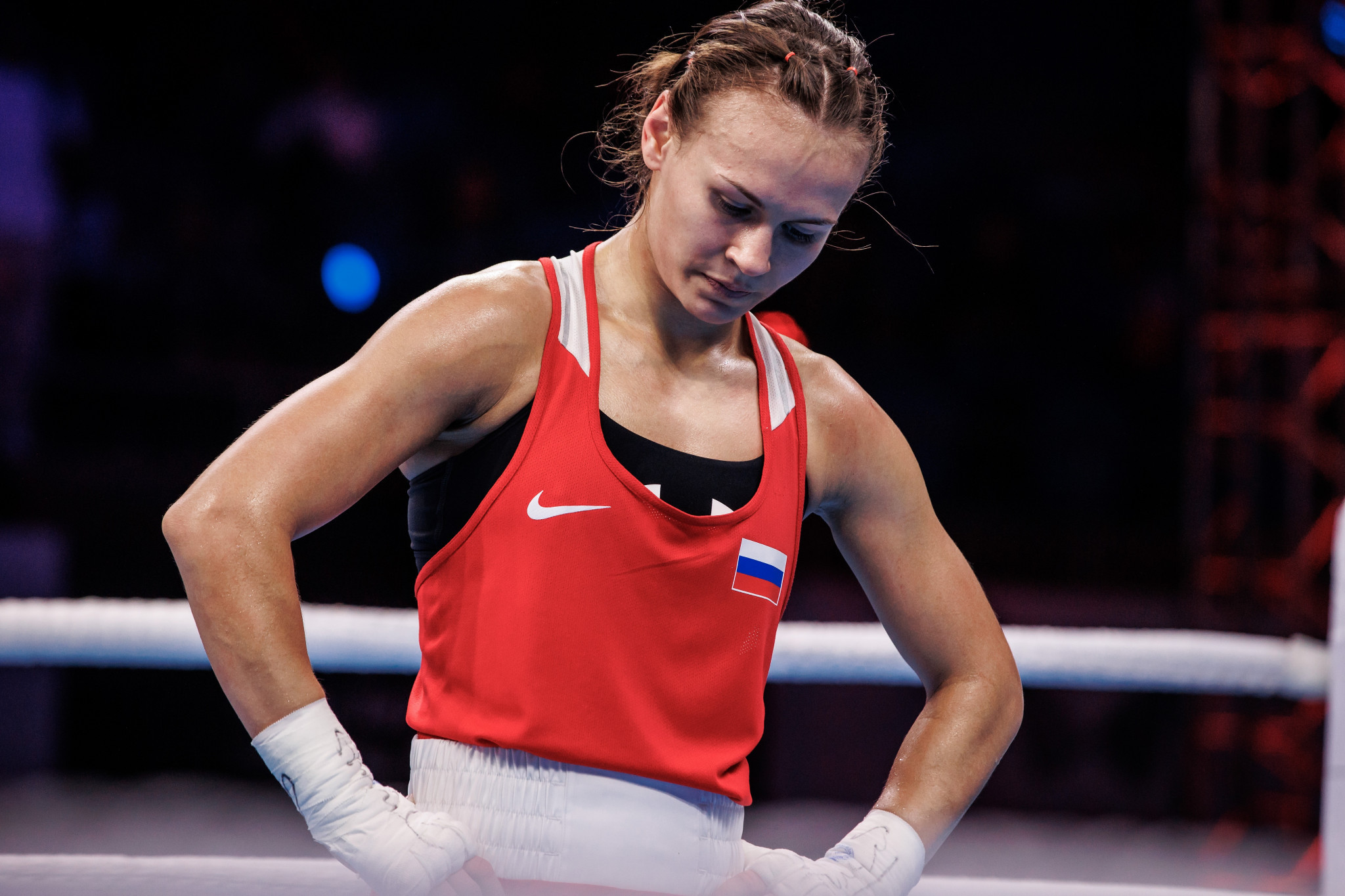 Ekaterina Paltseva cuts a frustrated figure after becoming the latest Russian boxers to exit the IBA Women's World Championships in New Delhi ©IBA