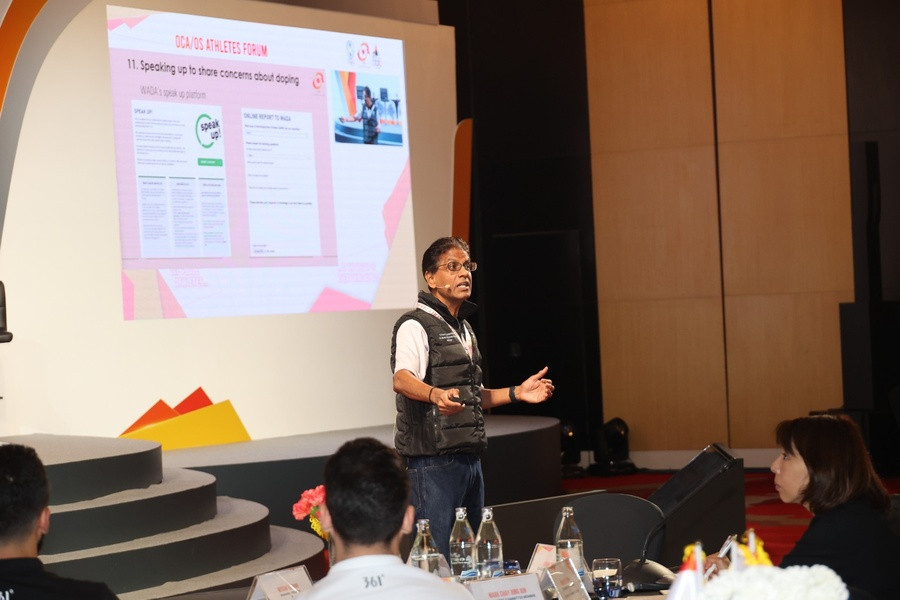 OCA Anti-Doping Commission member Gobinathan Nair delivered a presentation on the fight against doping, including educational tools available for athletes ©OCA
