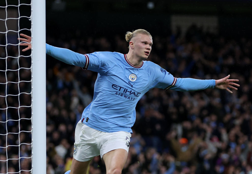 Erling Haaland celebrates the first of three goals for Manchester City on Saturday in their 6-0 win over Burnley in the FA Cup quarter-finals ©Getty Images