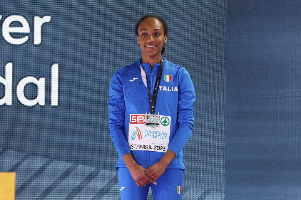 Italy's 20-year-old Larissa Iapichino, whose mother Fiona May won two world titles and two Olympic silvers at long jump, pictured with the European indoor silver she won in Istanbul this month ©Getty Images