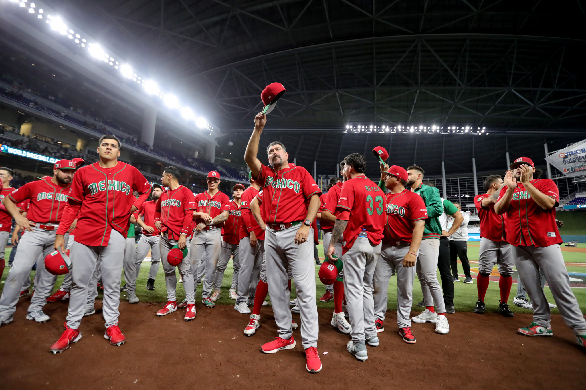 Mexico manager Benji Gil, waving cap, was proud of his team after they had narrowly failed to beat Japan in the World Baseball Classic semi-final ©Getty Images