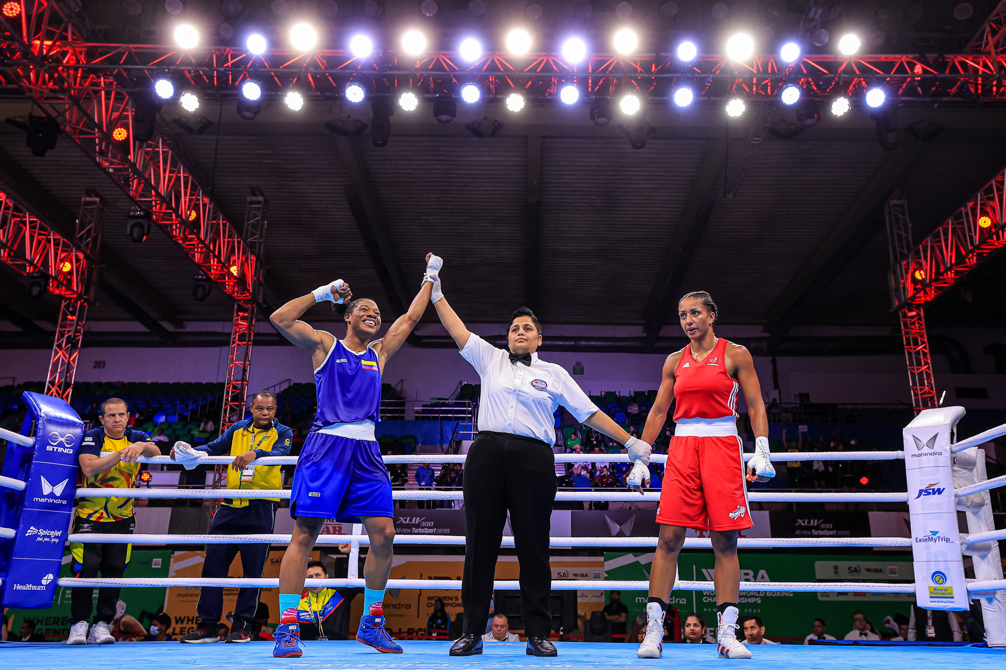 Colombia’s Angie Paola Valdés celebrates after stunning France's Estelle Mossely in the round of 16 of the lightweight category ©IBA