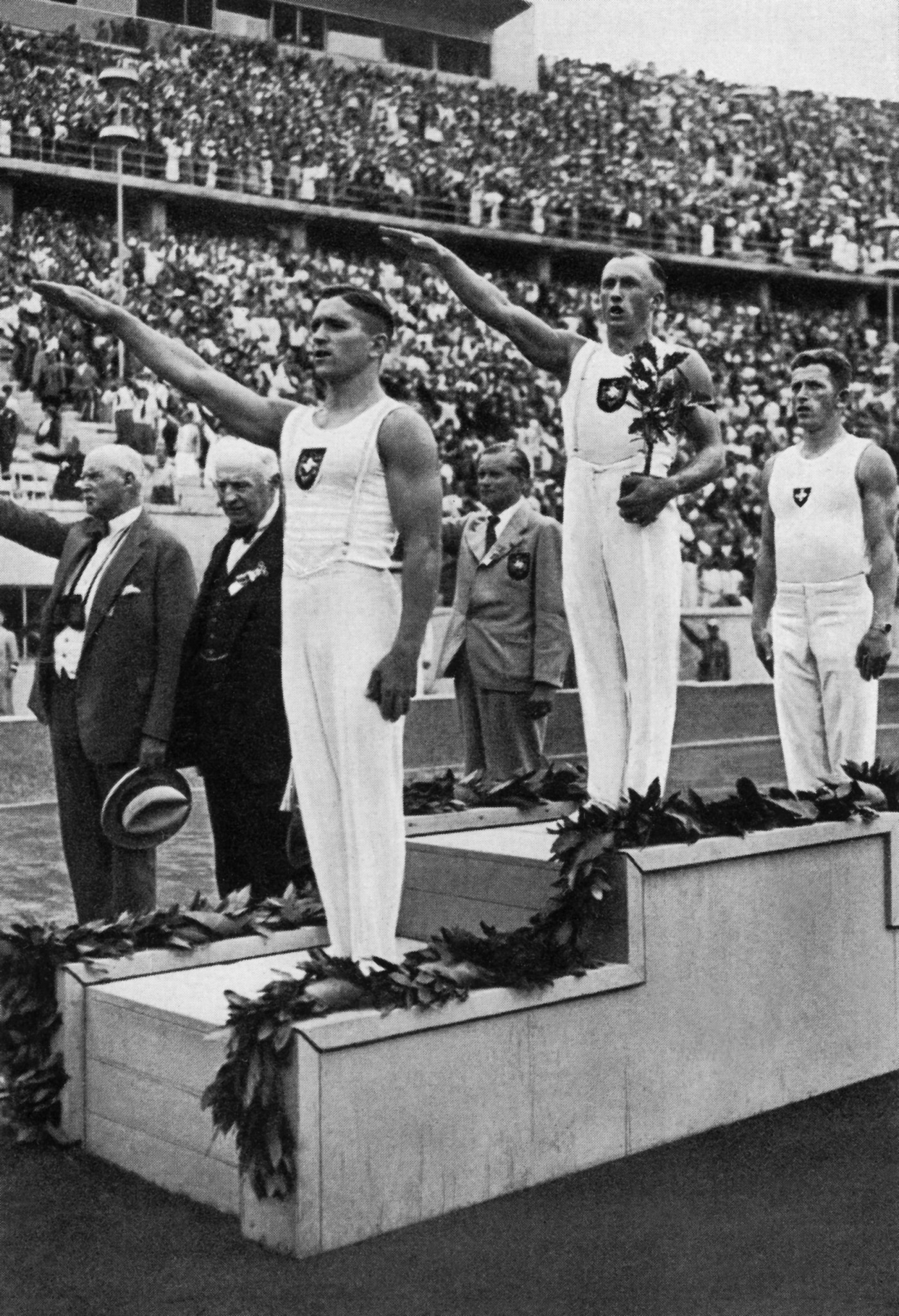 Many German athletes gave the Nazi salute on the victory podium at the 1936 Games in Berlin ©Getty Images