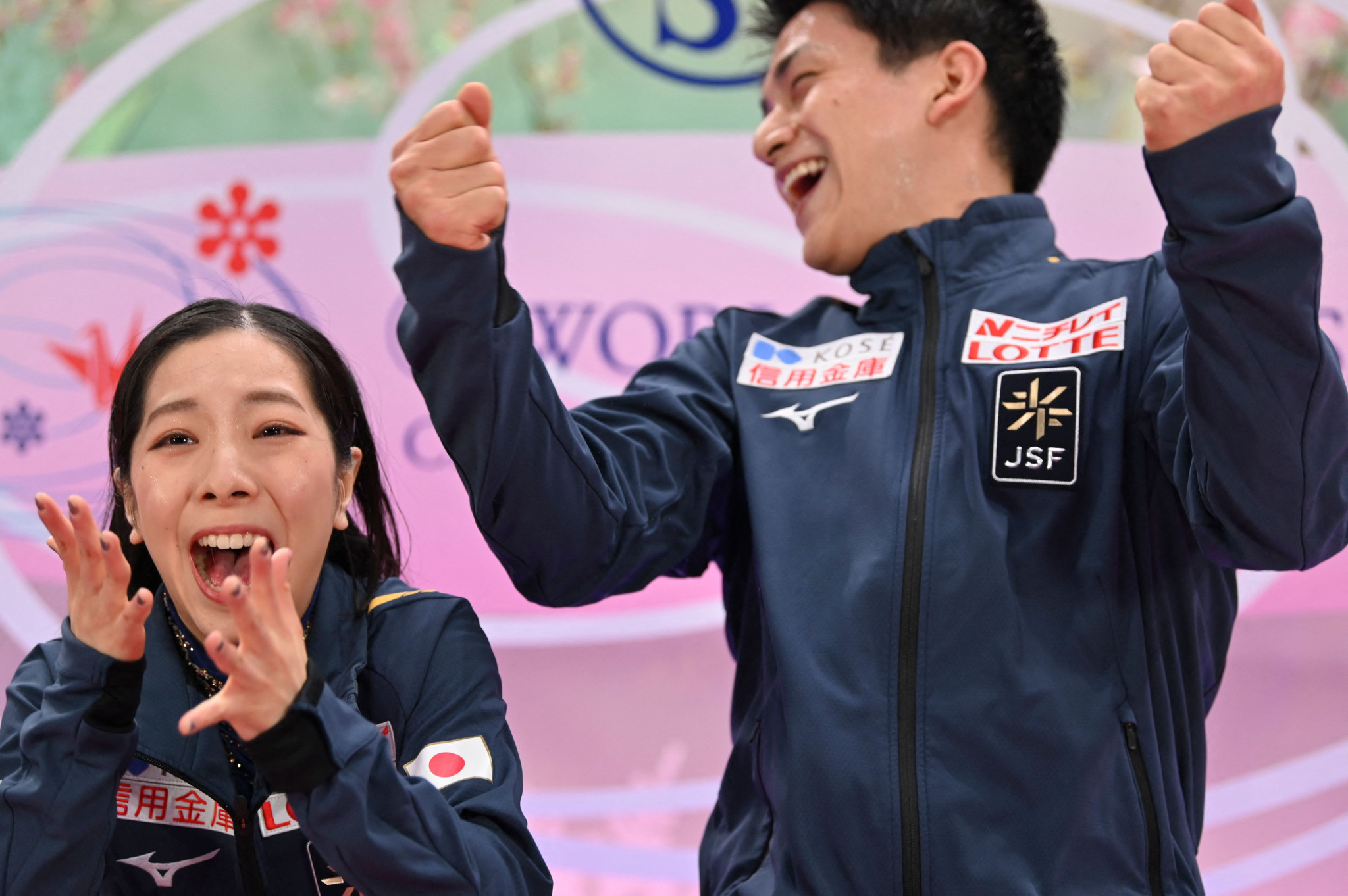 Japan's Riku Miura, left, and Ryuichi Kihara, right, earned their country's first pairs title at the World Figure Skating Championships ©Getty Images