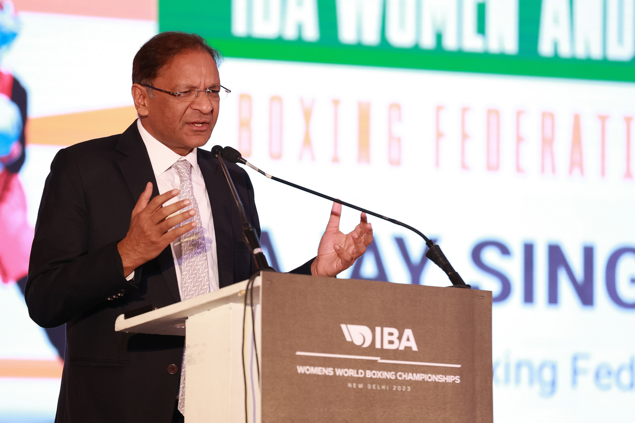 Boxing Federation of India President Aray Singh gave the opening address at the IBA Women and Sport Conference in New Delhi ©IBA