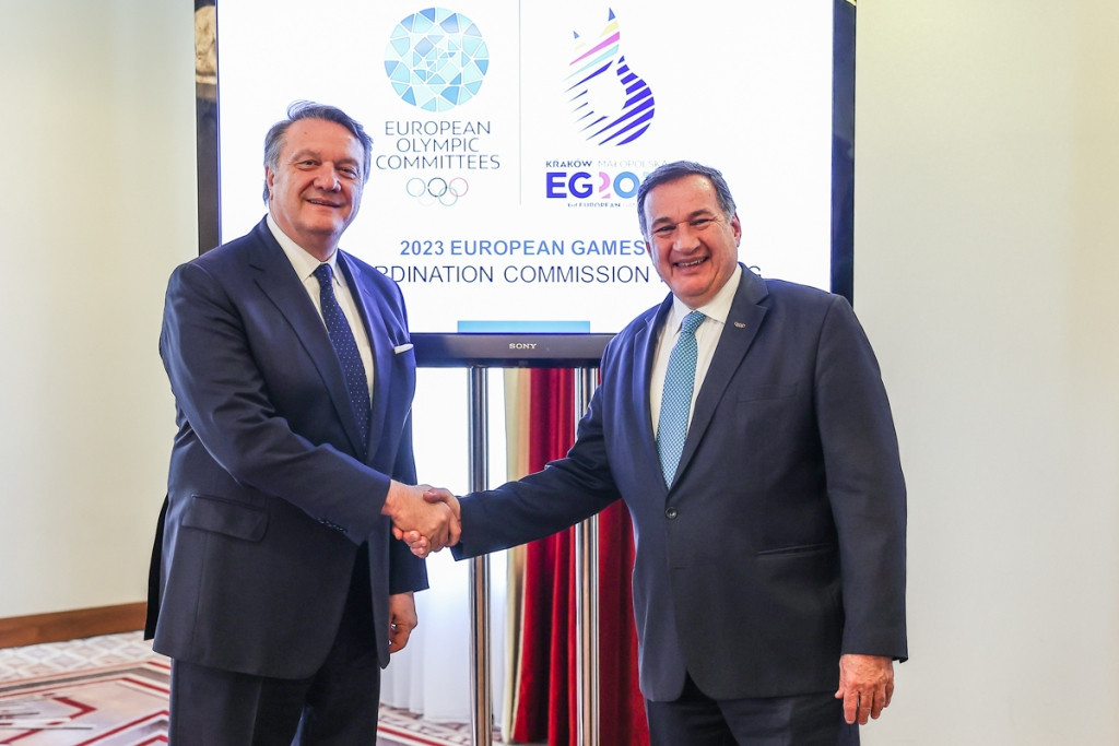 EOC President Spyros Capralos, right, is confident Poland will successfully stage the third edition of the European Games after the latest Coordination Commission, chaired by Hasan Arat, left, completed its visit to the country ©EOC
