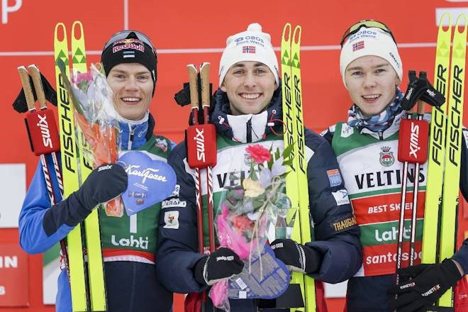 Jarl Magnus Riiber, centre, won the first of two men's large hill competitions at the Nordic Combined World Cup in Lahti ©FIS