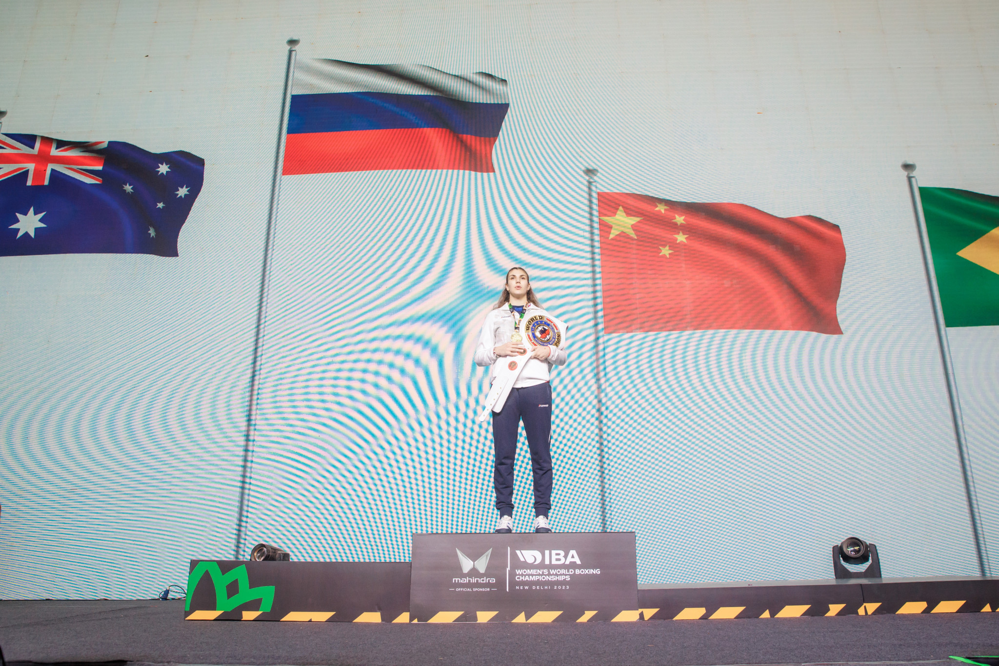 Anastasiia Demurchian of Russia stood alone on the podium as organisers played the correct anthem following their mistake ©IBA