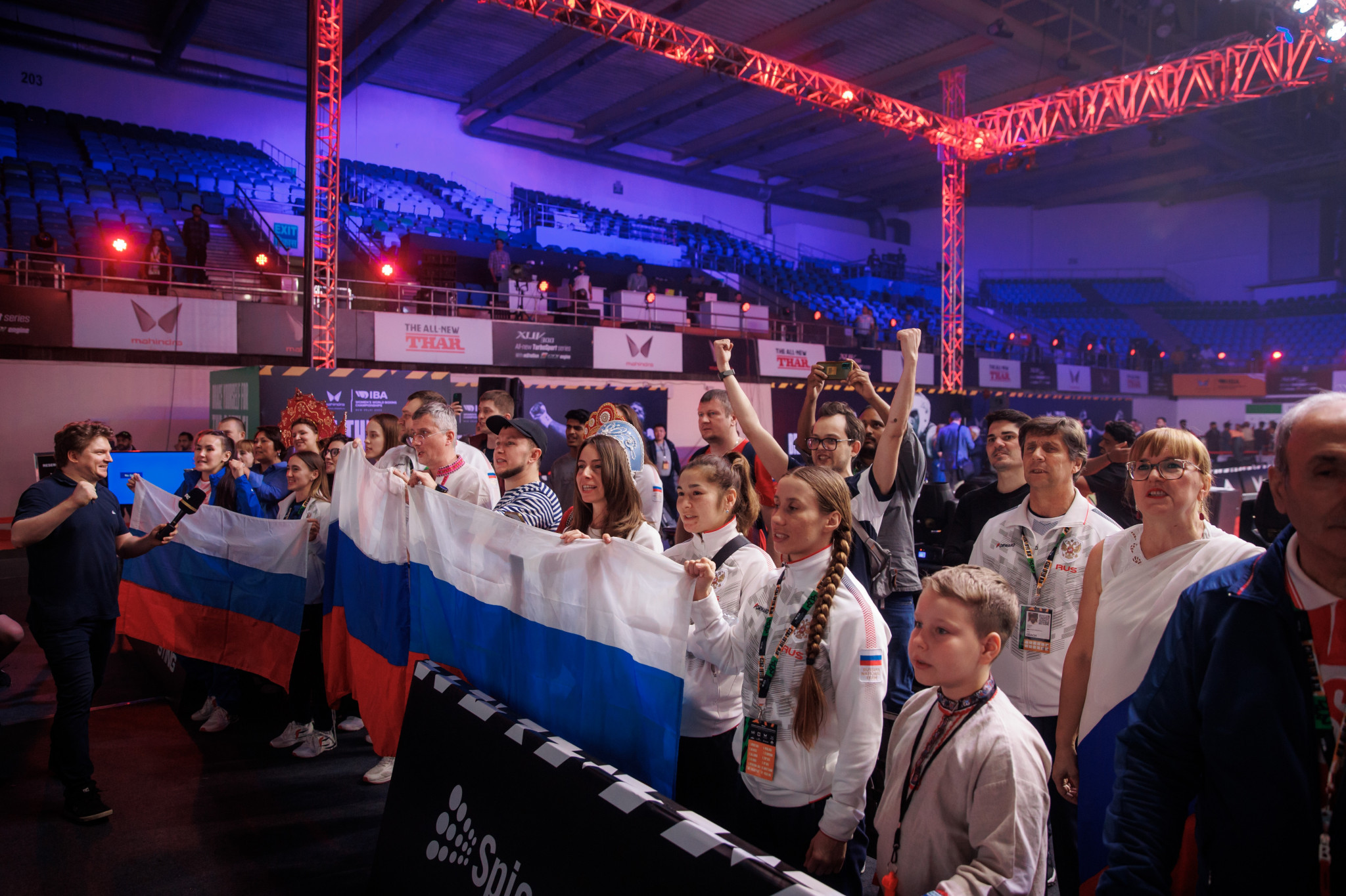 While the majority of fans had gone, the Russian supporters watched on as Anastasiia Demurchian listened to the country's national anthem ©IBA
