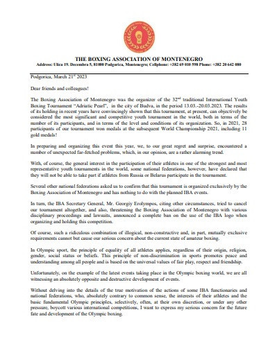 A letter issued by Boxing Association of Montenegro President Alexander Klemenko underlined issues facing the sport ©Boxing Association of Montenegro