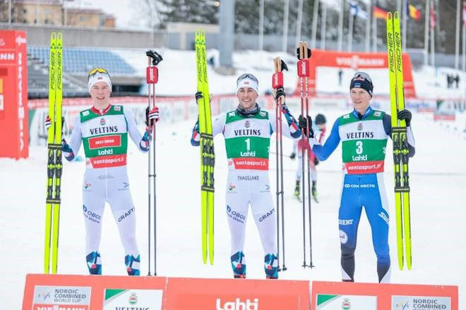 Jarl Magnus Riiber, centre, concluded his Nordic Combined World Cup season in style by winning a fourth successive World Cup event ©FIS