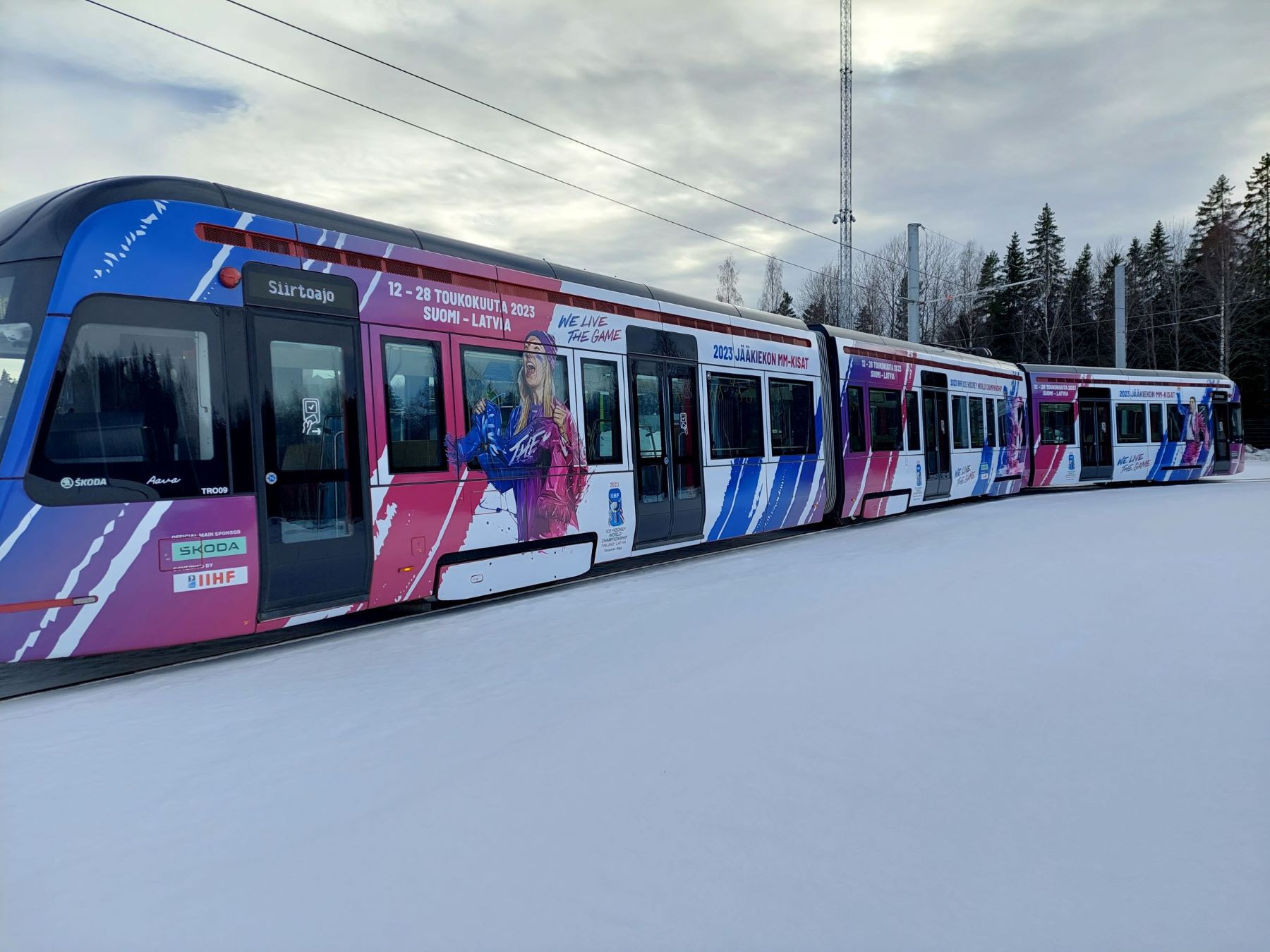 Tram decorated in Tampere to promote men's IIHF Ice Hockey World Championship