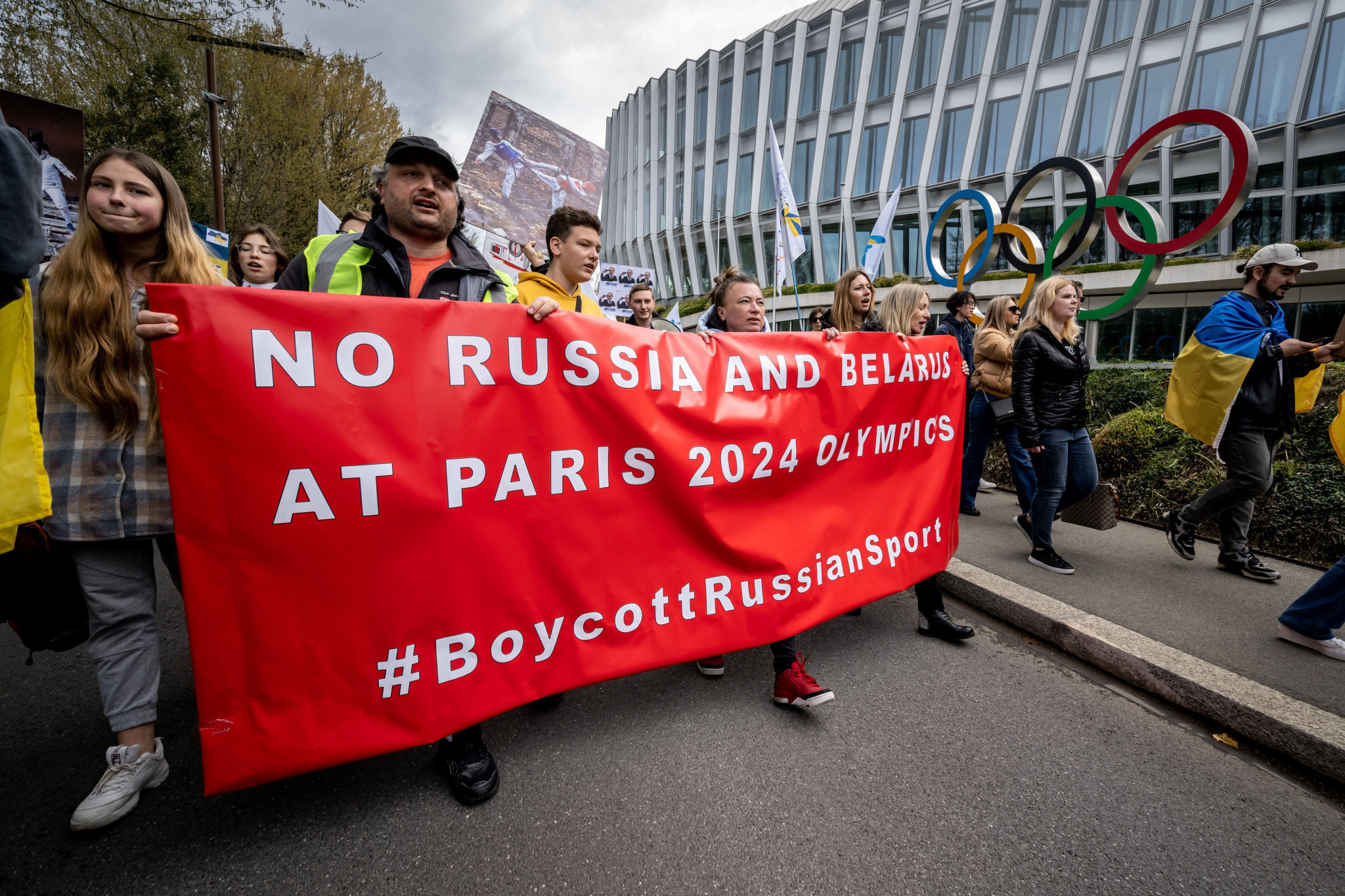 Demonstrations against the plans to re-admit Russian and Belarusian athletes for Paris 2024 have taken place at Olympic House in Lausanne ©Getty Images