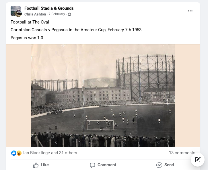 The 1953 match between Corinthian Casuals and Pegasus attracted a sell out crowd to The Oval ©Facebook
