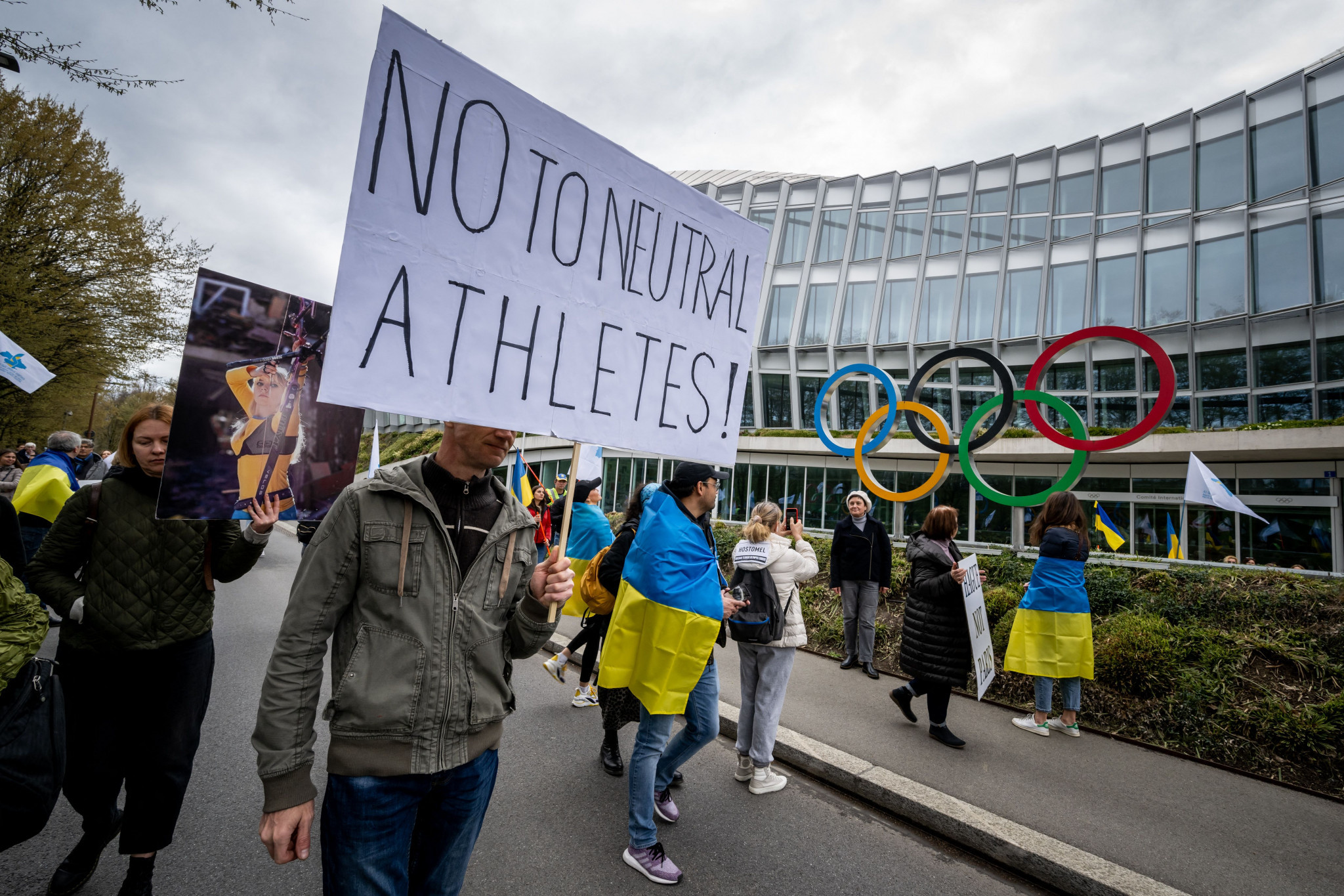 Protests have taken place outside Olympic House in Lausanne calling for Russian and Belarusian athletes to not feature at the Paris 2024 Olympics ©Getty Images