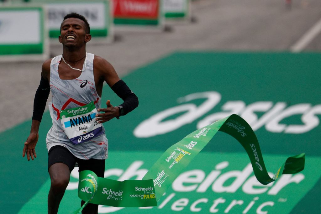 Ethiopia's 20-year-old Abeje Ayana wins the men's title at the Paris Marathon on his debut race at the distance ©Getty Images