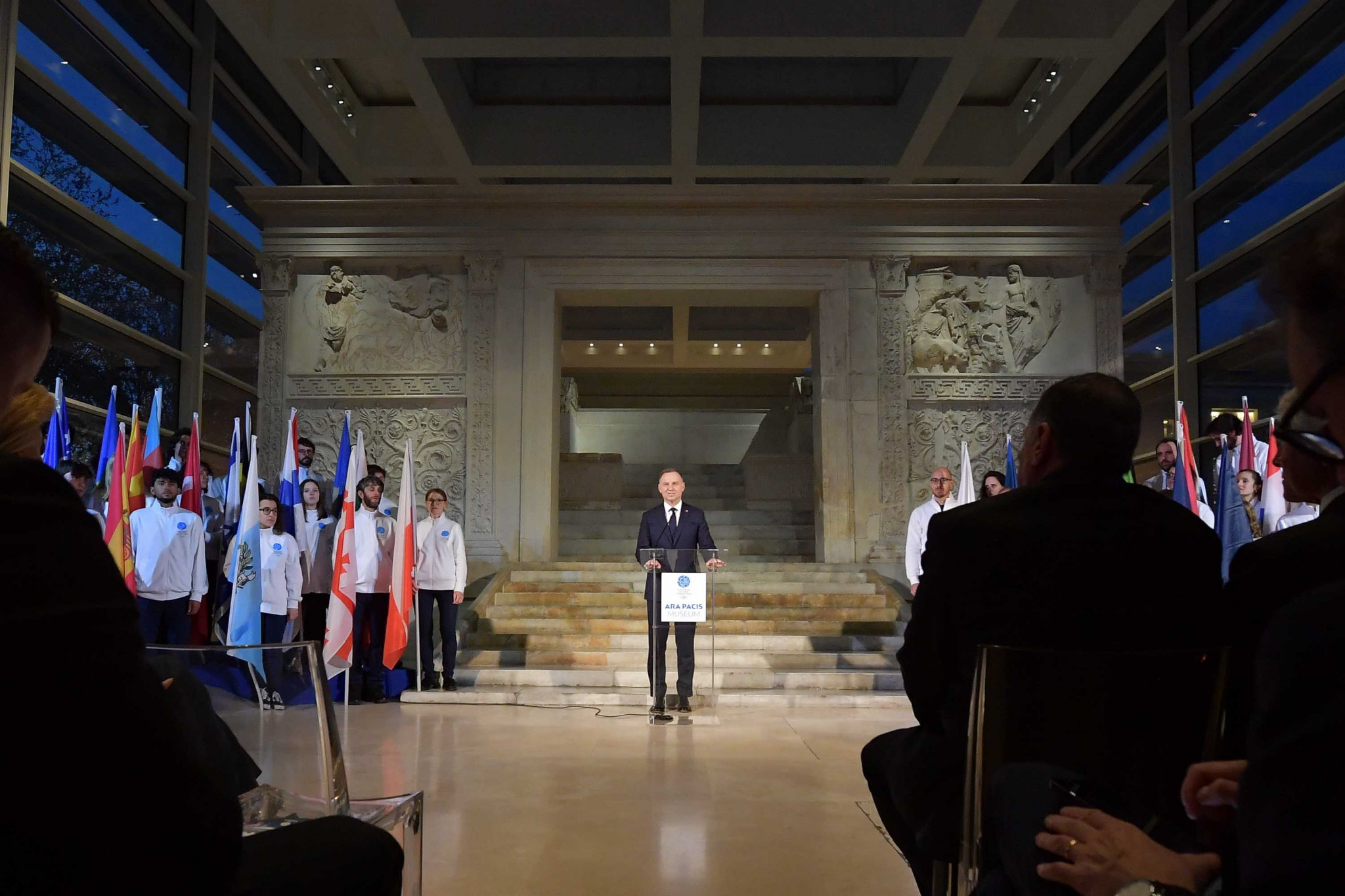 Spectators watched on at the Ara Pacis Museum as Polish President Andrzej Duda gave his speech ©EOC