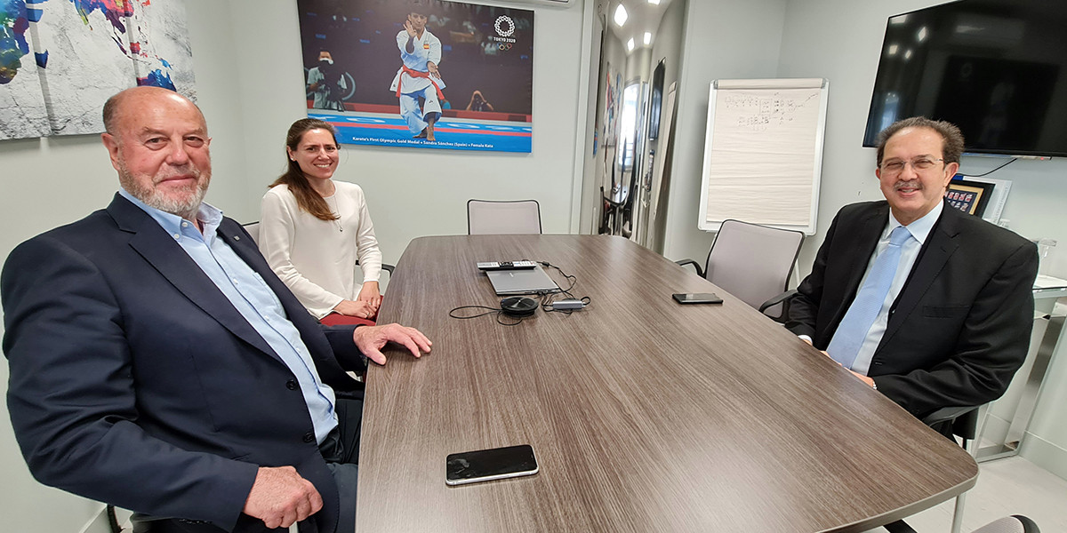 ANOCA President Mustapha Berraf, right, was recently hosted at the World Karate Federation headquarters in Madrid by WKF President Antonio Espinós and WKF chief executive Sara Wolff ©WKF