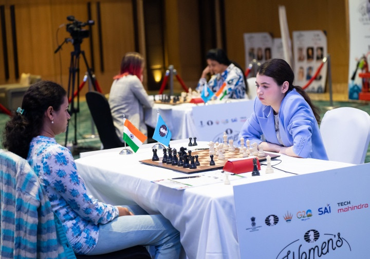 Russia's Aleksandra Goryachkina, right, competing as a neutral, won the third FIDE Women's Grand Prix in Delhi by virtue of better tie breaks ©FIDE