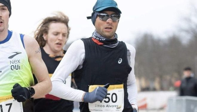 Camilo Santiago of Spain, pictured wearing the number of Ivan Zarco Alvarez of Honduras after arranging a bib-change during at the 2021 Dresden Marathon have both been banned for six months by the AIU ©Twitter