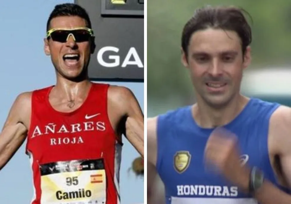 Camilo Santiago of Spain, left, and Ivan Zarco Alvarez of Honduras, right, were exposed as having swapped numbers at the Dresden Marathon in 2021 by a Spanish website ©Twitter
