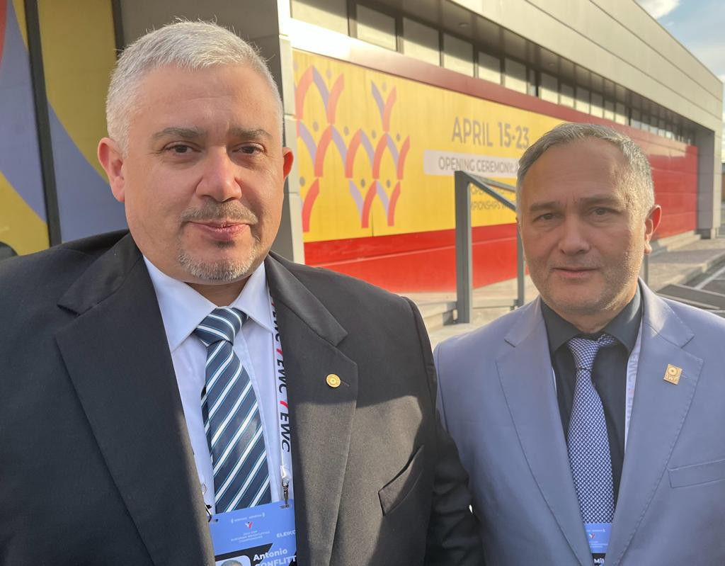 EWF President Antonio Conflitti, left, and secretary general Milan Mihajlovic at the EWF Congress in Armenia ©Brian Oliver