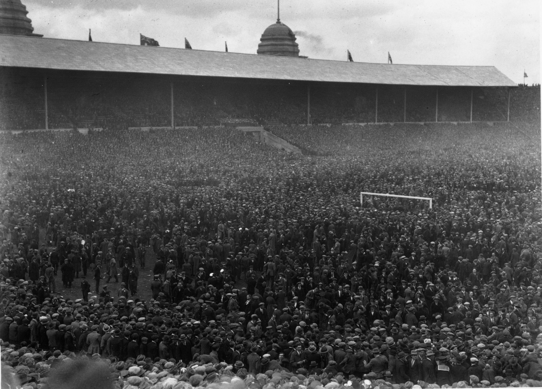 The scene at Wembley before police horses cleared the field at the 1923 FA Cup Final ©Getty Images