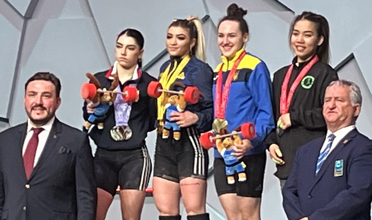 The podium in the women's 49 kilograms category on the opening day of competition in Yerevan ©Brian Oliver